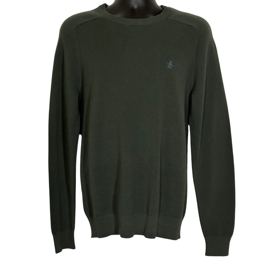 Original Penguin Men's Deep Forest Green Cotton Textured Crew Neck Sweater